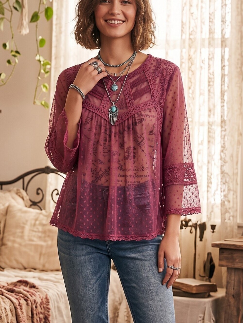 Free People Boho Lace Swiss Dot Peasant Blouse Large Plum